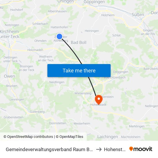 Gemeindeverwaltungsverband Raum Bad Boll to Hohenstadt map