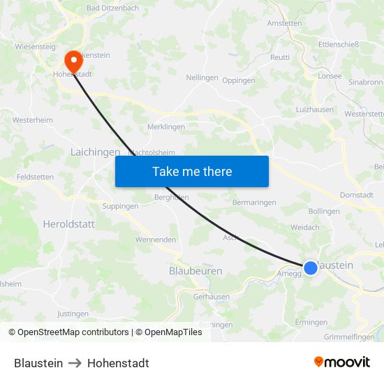 Blaustein to Hohenstadt map