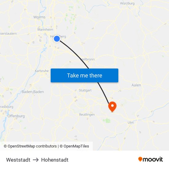 Weststadt to Hohenstadt map