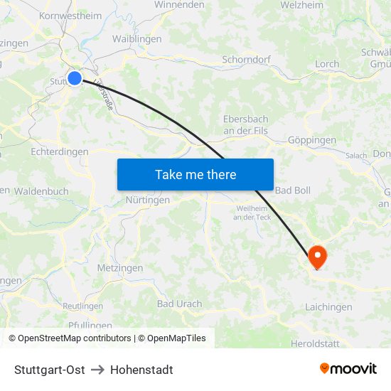 Stuttgart-Ost to Hohenstadt map