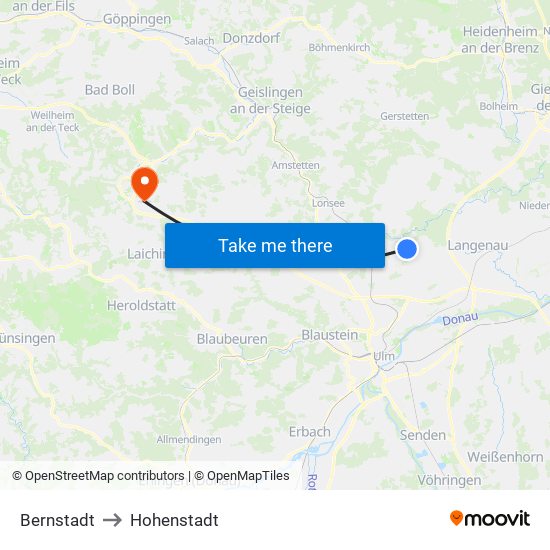 Bernstadt to Hohenstadt map