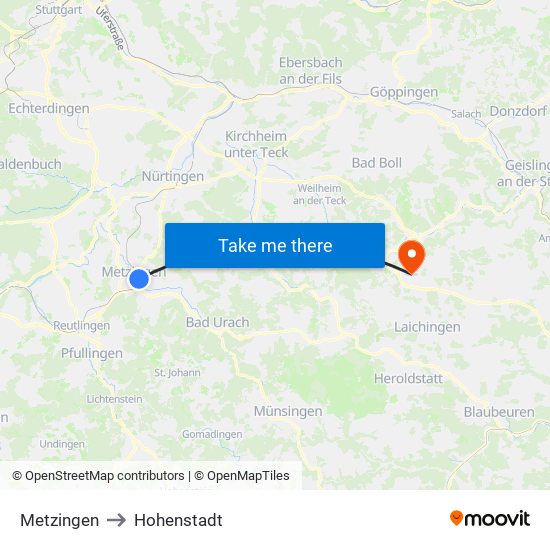 Metzingen to Hohenstadt map