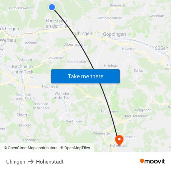 Uhingen to Hohenstadt map