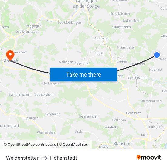 Weidenstetten to Hohenstadt map