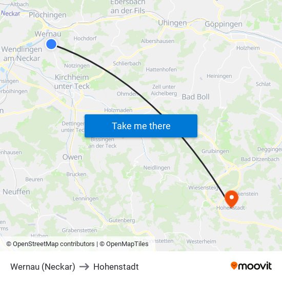 Wernau (Neckar) to Hohenstadt map