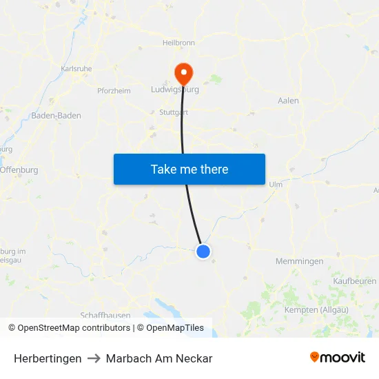 Herbertingen to Marbach Am Neckar map