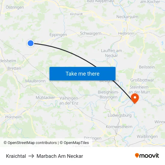 Kraichtal to Marbach Am Neckar map