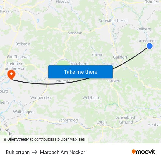 Bühlertann to Marbach Am Neckar map