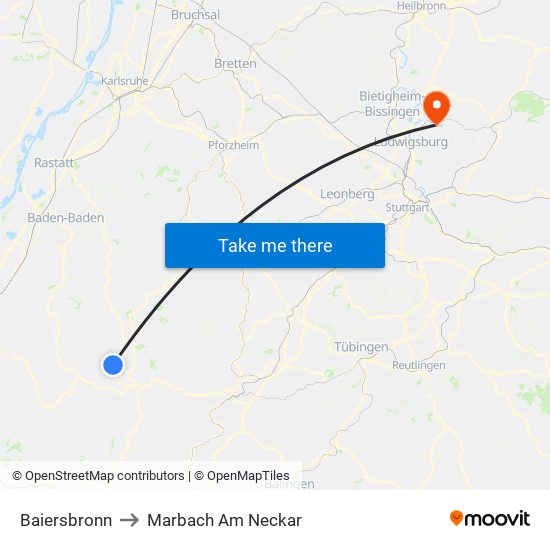 Baiersbronn to Marbach Am Neckar map