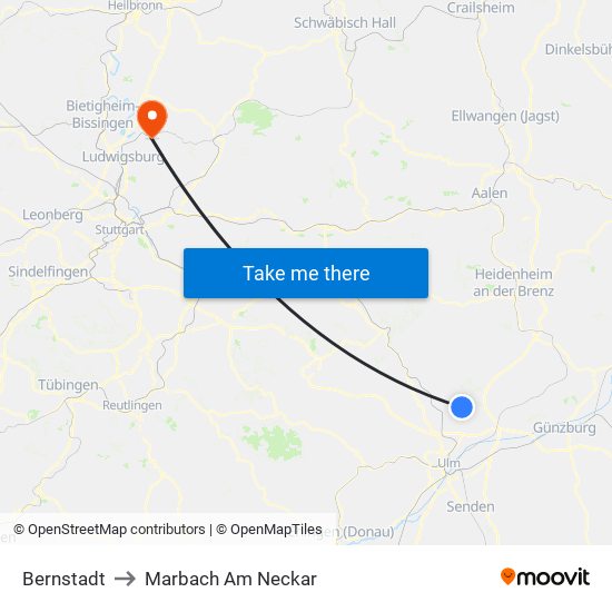 Bernstadt to Marbach Am Neckar map