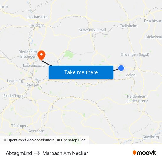 Abtsgmünd to Marbach Am Neckar map