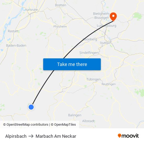 Alpirsbach to Marbach Am Neckar map