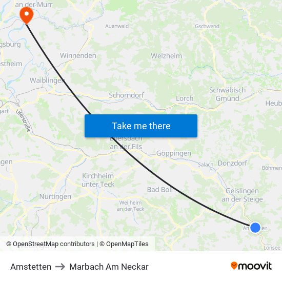 Amstetten to Marbach Am Neckar map
