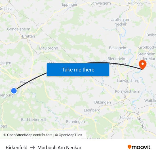 Birkenfeld to Marbach Am Neckar map