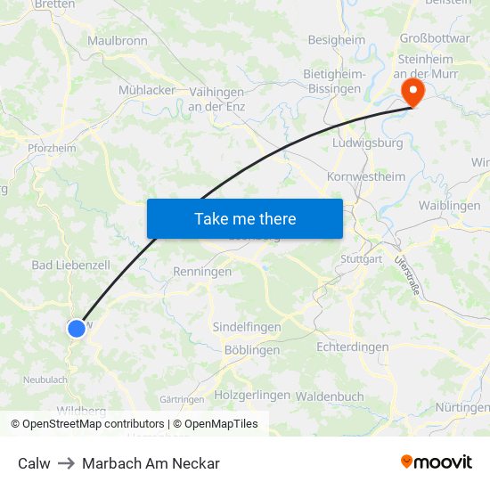 Calw to Marbach Am Neckar map