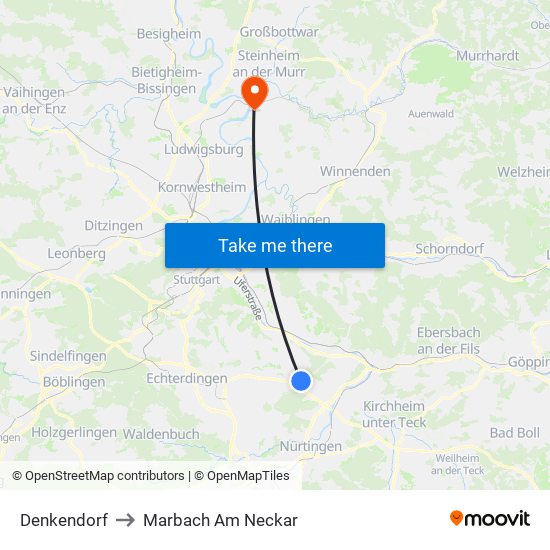 Denkendorf to Marbach Am Neckar map