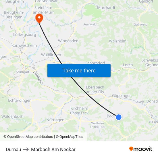 Dürnau to Marbach Am Neckar map