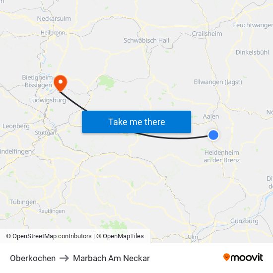 Oberkochen to Marbach Am Neckar map