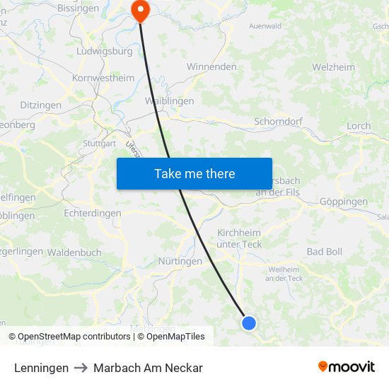 Lenningen to Marbach Am Neckar map