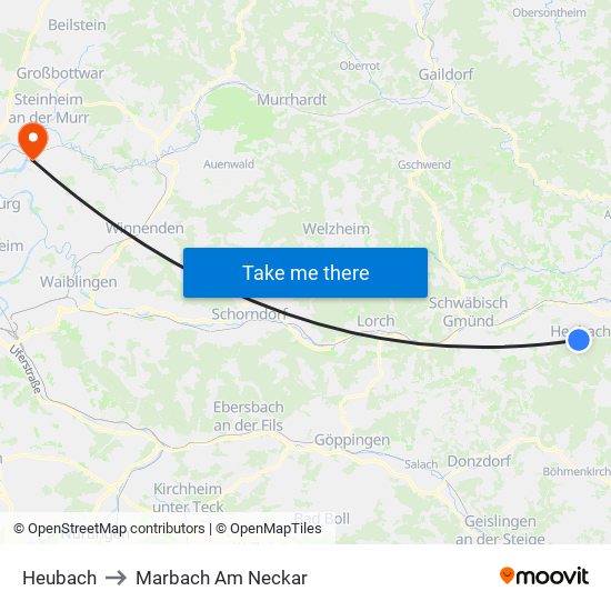 Heubach to Marbach Am Neckar map