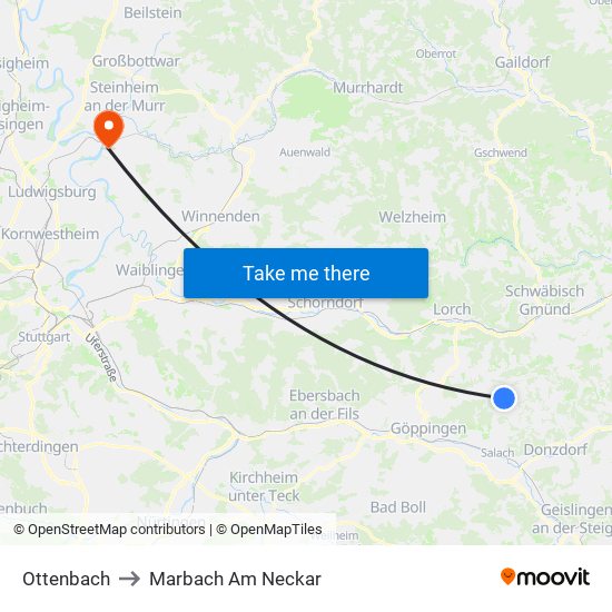 Ottenbach to Marbach Am Neckar map