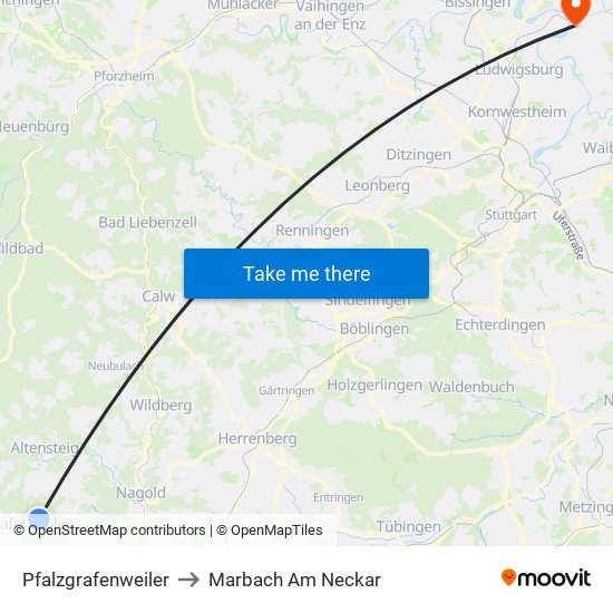 Pfalzgrafenweiler to Marbach Am Neckar map