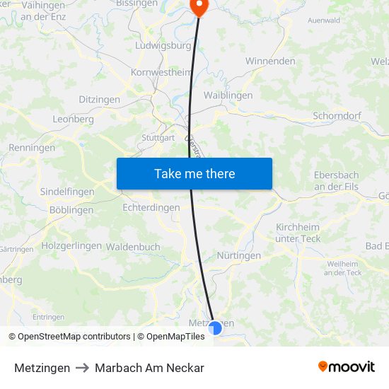 Metzingen to Marbach Am Neckar map