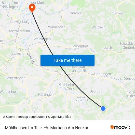 Mühlhausen Im Täle to Marbach Am Neckar map