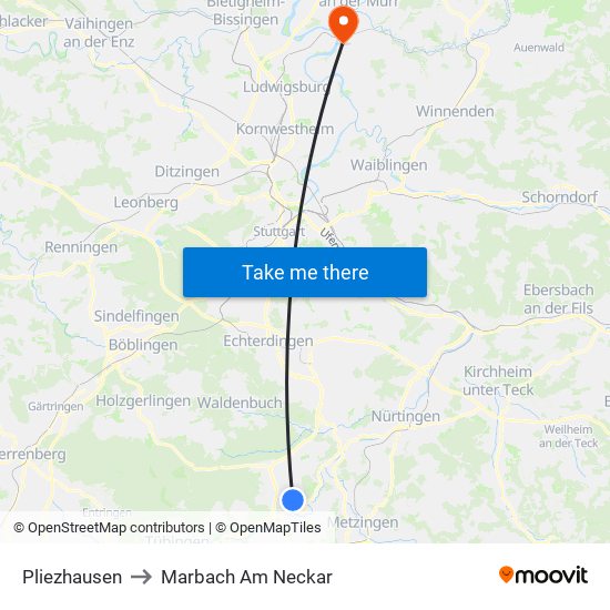 Pliezhausen to Marbach Am Neckar map