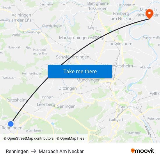 Renningen to Marbach Am Neckar map