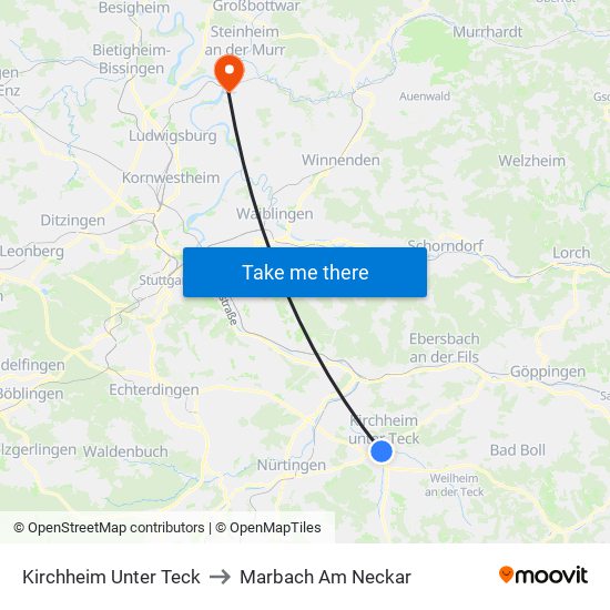 Kirchheim Unter Teck to Marbach Am Neckar map