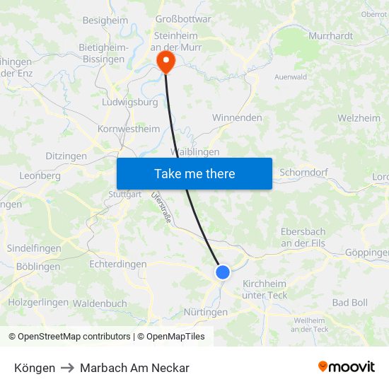 Köngen to Marbach Am Neckar map