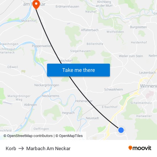 Korb to Marbach Am Neckar map