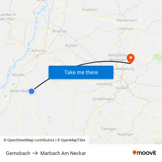 Gernsbach to Marbach Am Neckar map