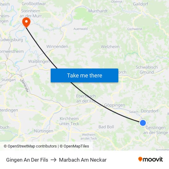Gingen An Der Fils to Marbach Am Neckar map