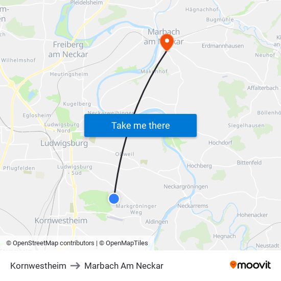 Kornwestheim to Marbach Am Neckar map