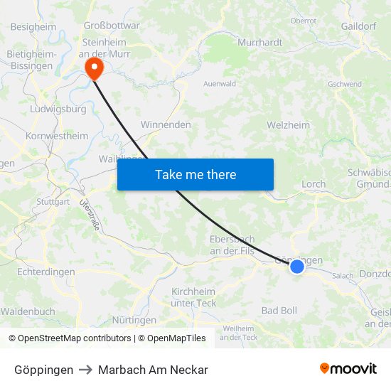 Göppingen to Marbach Am Neckar map