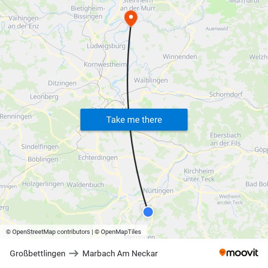 Großbettlingen to Marbach Am Neckar map