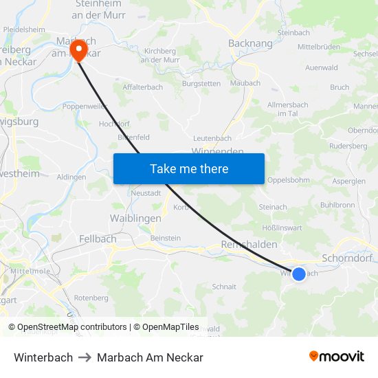 Winterbach to Marbach Am Neckar map