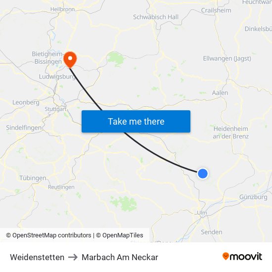 Weidenstetten to Marbach Am Neckar map
