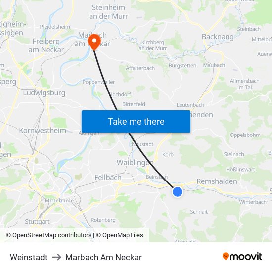 Weinstadt to Marbach Am Neckar map