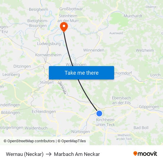 Wernau (Neckar) to Marbach Am Neckar map