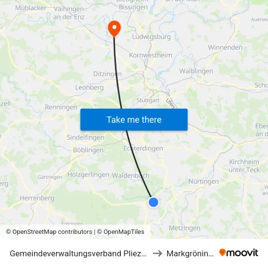 Gemeindeverwaltungsverband Pliezhausen to Markgröningen map