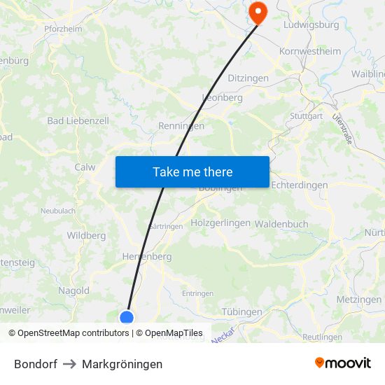 Bondorf to Markgröningen map