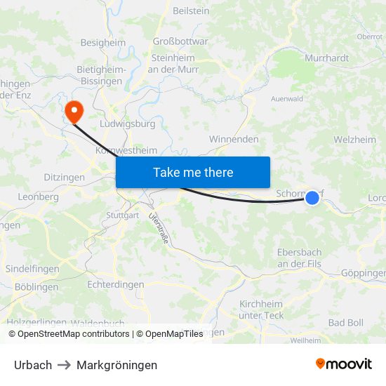 Urbach to Markgröningen map