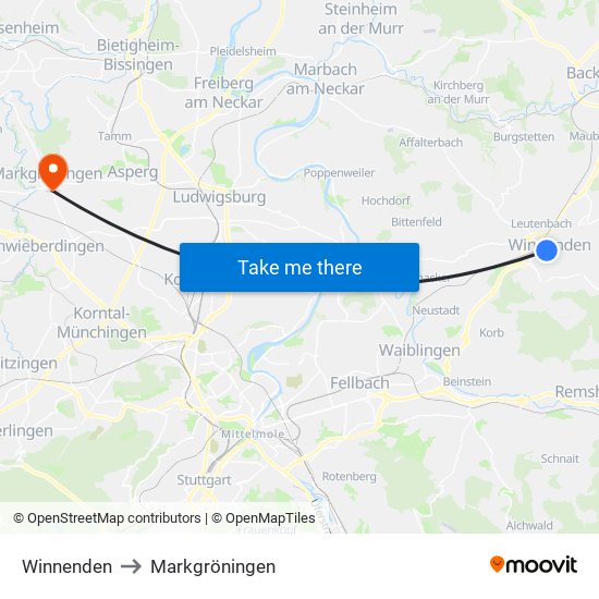 Winnenden to Markgröningen map