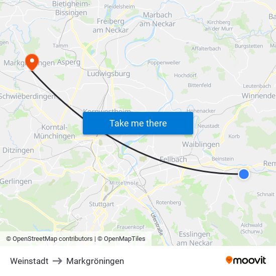 Weinstadt to Markgröningen map