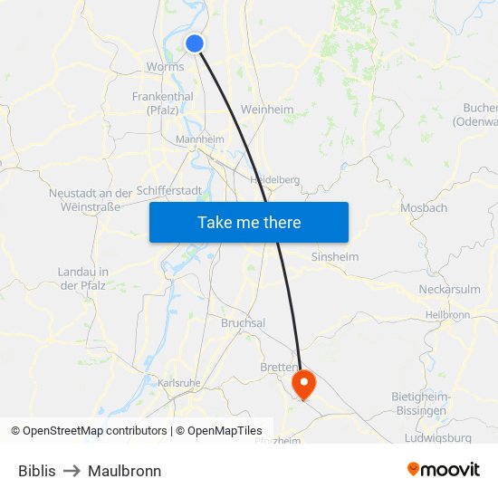 Biblis to Maulbronn map