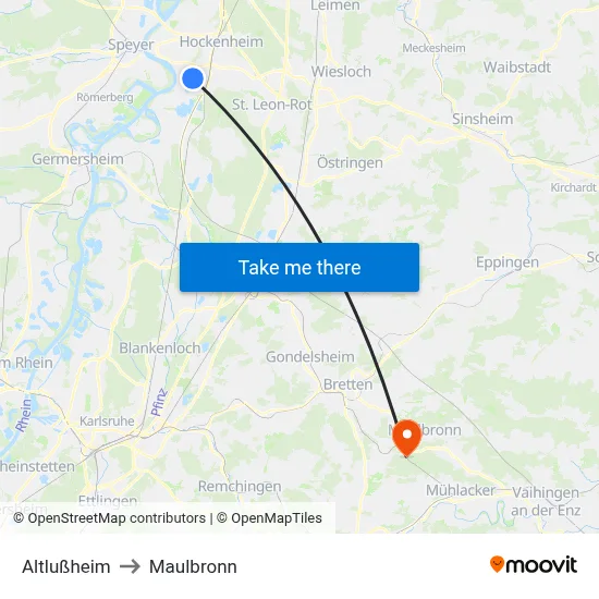 Altlußheim to Maulbronn map