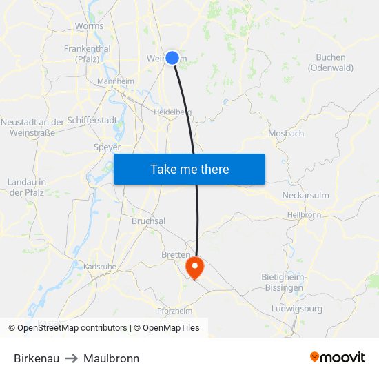 Birkenau to Maulbronn map